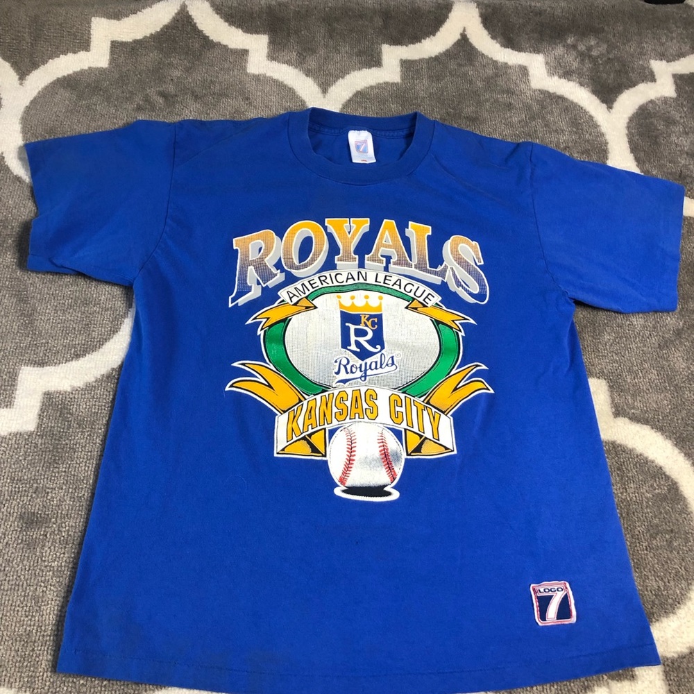 Logo 7 Tshirt Mens Large Kansas City Royals Single Stitch Baseball Blue Vintage
